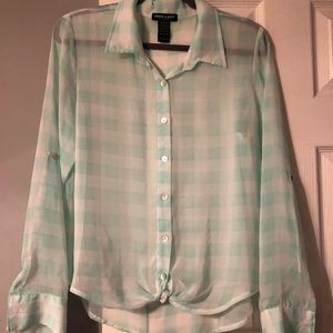 Teal and white button down plaid top